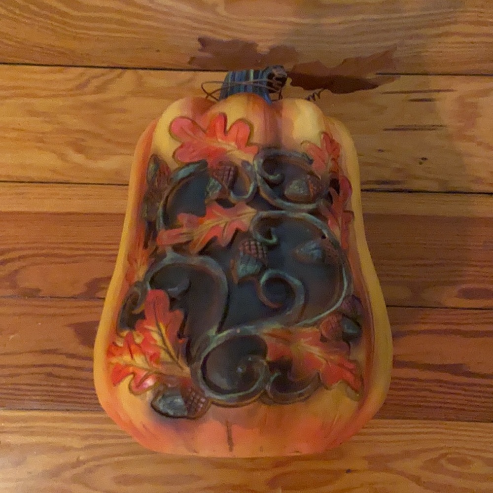 Pumpkin with fall leaves and acorns table top decor